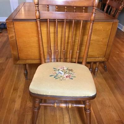 Set of 4 maple dining chairs with needlepoint upholstery $190