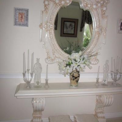 Ornate Entry Table with Matching Mirror and Carved Benches 