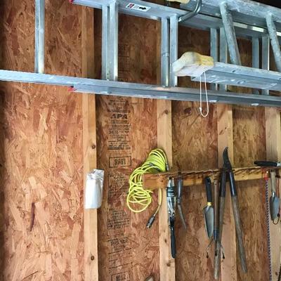 Several extension ladders