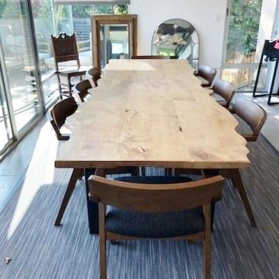 One of A Kind Custom dining table by Arbor Exchange in Pasadena from a downed tree. Chairs from Article One.