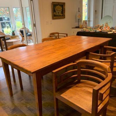 Antique Farm Table with Barrel Back Chairs 
