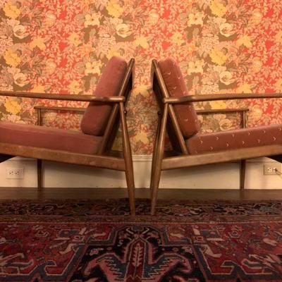 1930's Heriz Room Rug, Selig Style Midcentury Chairs, PAIR