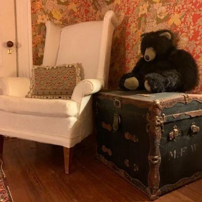 Wingback Armchair, Antique Travel Trunk