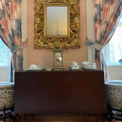 Carved Giltwood Mirror, Sheraton Style Inlaid Gate Leg Table