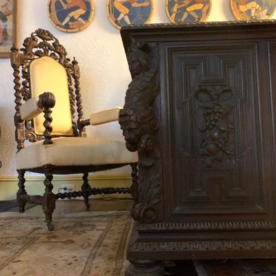 Carved Spanish Revival Armchair, Carved Figural Partners Desk Attributed to R.J. Horner