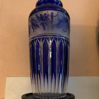 Bohemian Czech Cut Crystal Vase with Greek Motif 