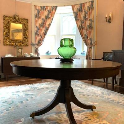 Round Mahogany Pedestal Table, Dhurrie Flat Weave Rug
