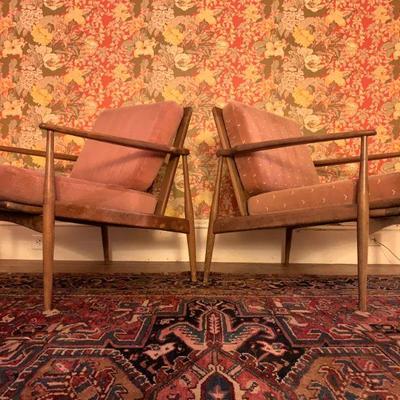 1930's Heriz Room Rug, Selig Style Midcentury Chairs, PAIR