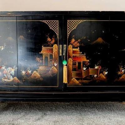 Vintage Black Lacquer Chinoiserie TV Stereo Consol ...