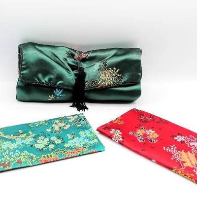 Set of 3 Asian Print Silk Wallet Carrying Bags