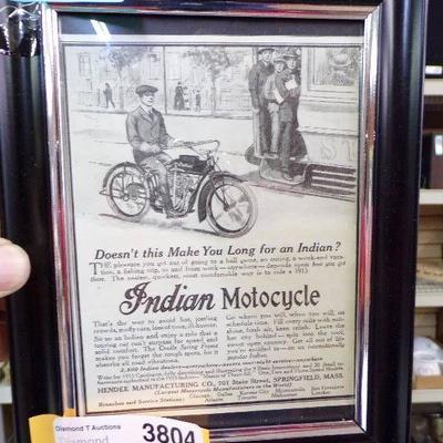 Framed 1915 Indian Motorcycle Ad - 5x7