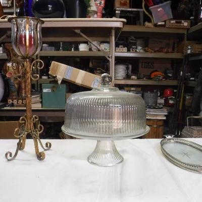 Glass domed cake server, candle holder and tray