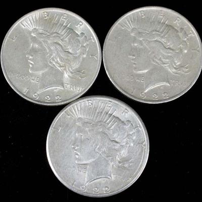 1922-S, 1922-P, 1922-P Silver Peace Dollars