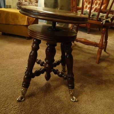 Vintage wood adjustable seat stool w ball & claw .