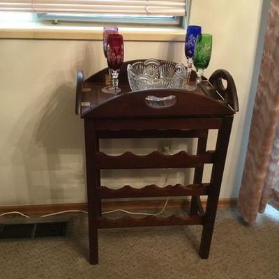 Butlers Tray Wine Rack. 4 Cut to Clear Champagne Flutes, Crystal Bowl.