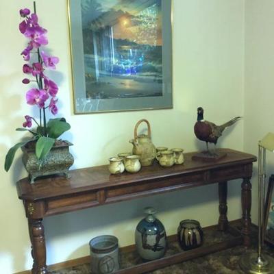 Sofa Table, Framed Art, Faux Orchid, Ceramic Tea Set, Pheasant, Ceramic Vases.