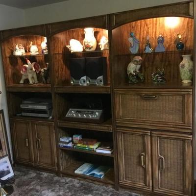 Lighted, Wood Bookcase/Display Cabinet with wicket door insets.