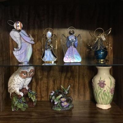 Stained Glass Angles, Owl Figurine, Hummingbird Figurine, Iris Vase.
