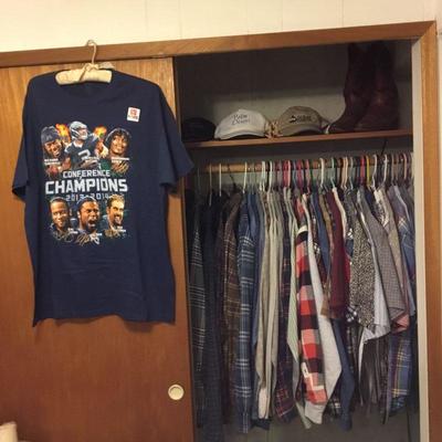Men's Apparel - Seahawks Championship T-shirt, Pendleton Shirts, Long and Short Sleeve Shirts, Baseball Caps, Cowboy Boots.