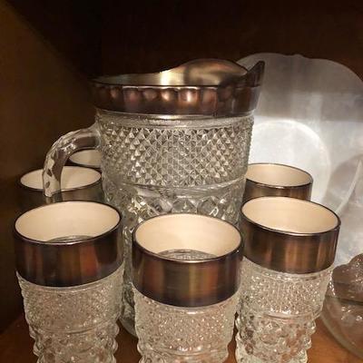 Vintage Diamond Cut Pitcher and Tumblers with Silver Band