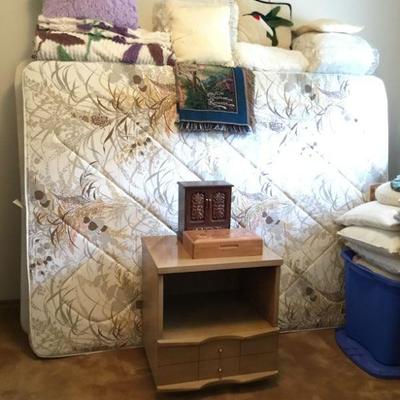 Queen Mattress, Throw Pillows, Bedspreads, Kinkade Throw, Night Stand, Jewelry Boxes.