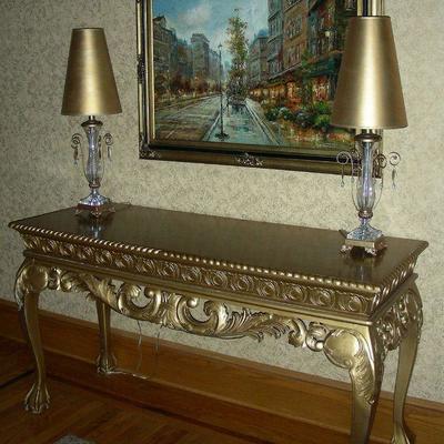 Hand Carved Gilt Console Table, Pair Crystal Table Lamps & Fine Oil Painting