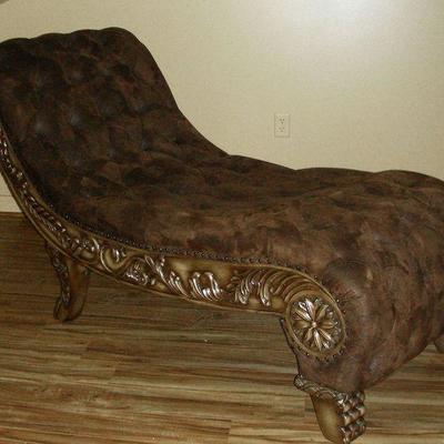 Hand Carved Wood & Upholstered Chaise Lounge