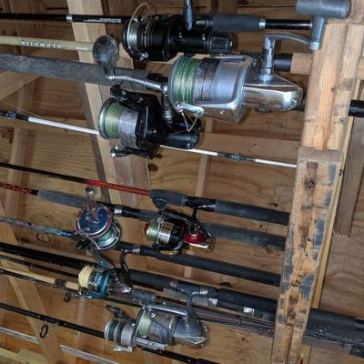 All types of Rods and reels, some are deep sea rods 
