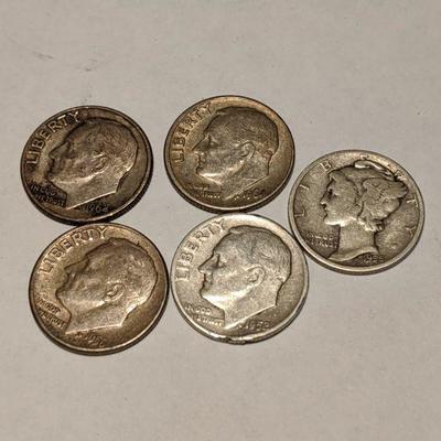 Silver Roosevelt dimes and one Mercury Dime 