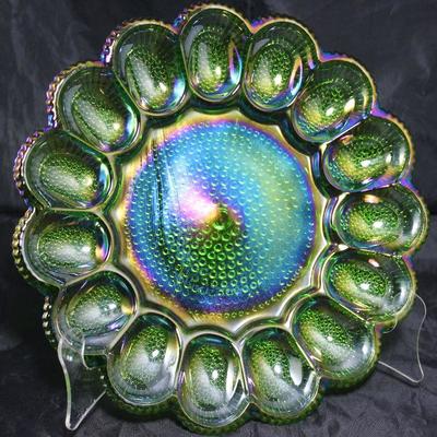 Indiana Glass green carnival deviled egg tray 11â€ diameter