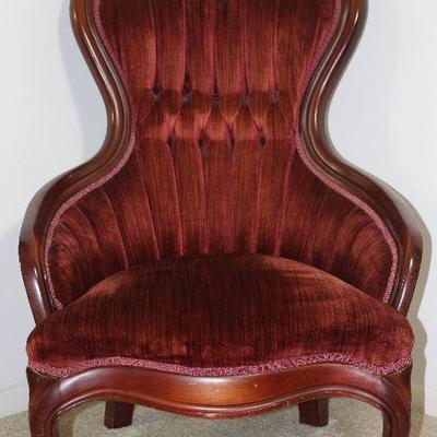 Pelham, Shell and Leckie Victorian Style Carved Roses Wood Frame Ladyâ€™s Chair with Burgundy rolled and tufted velvet upholstery