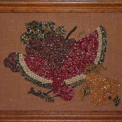Vintage dyed corn kernel collage hand crafted fruit still life on burlap in oak frame 21â€ W x 17â€H