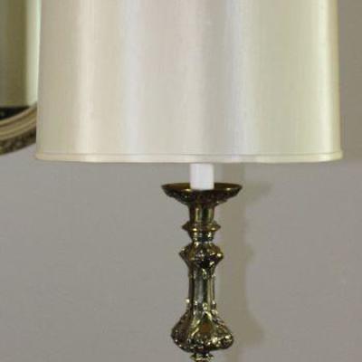 Vintage brass lamp with optic cut glass sphere in center 40â€ H