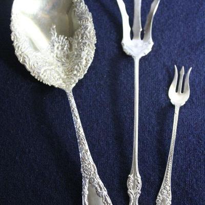 â€œChrysanthemumâ€ by Durgin Sterling Silver Vegetable Serving Spoon c.1896; Towle Sterling â€œOld Colonialâ€ Lettuce Serving Fork...