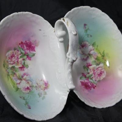 Antique porcelain center handle oval divided “roses” serving dish (8” x 11”)