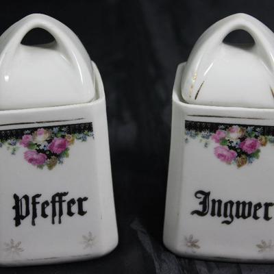 Antique Germany Porcelain Spice Jars:  Pfeffer â€œPepperâ€ and Ingwer â€œGingerâ€