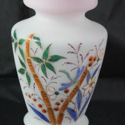 Victorian Bristol Blown Art Glass Hand Painted enameled Vase 13â€ H x 6â€ diameter
