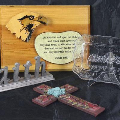 Isiah 40:31 wood plaque, Faith standing plaque, Indiana Glass Co. “Lords Supper” bread tray, and Teal Rose Wall Cross