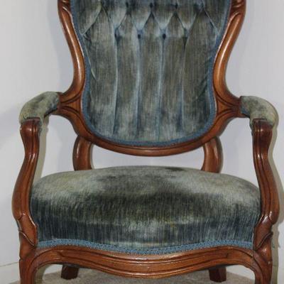 Victorian Carved Wood Frame Gentlemanâ€™s Chair Blue rolled and tufted velvet upholstery