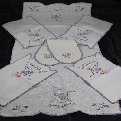 Hand Embroidery 8 piece set:  Pair Standard Pillow Cases (not shown), Dresser Scarf/Runner, 3pc Vanity Set, and 2pc Night Stand Doilies.