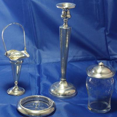 Sterling Silver 10” Poole Candlestick 1920-30’s, Sterling Silver Basket bud vase with handle, Wallace Sterling etched crystal jam jar,...