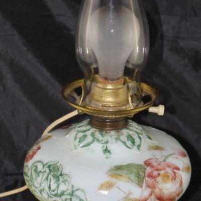 Victorian Hand Painted milk glass font oil lamp with electrical added 20” H