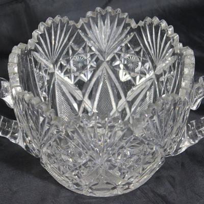 American brilliant cut crystal double handled bowl 5” H x 6 1/2” bowl diameter, overall 10” W