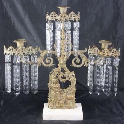  Antique Gilt Bronze  3 -Light Candelabra 1800's Girandole Candle Holders, Victorian w/ Crystal Prisms, 