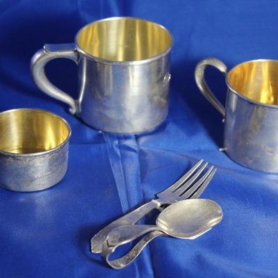 Sterling Silver:  2 Wallace Baby Cups, Drummer Boy Handle Baby Cup, Wallace Infant Spoon and Fork