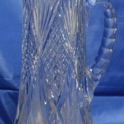American brilliant cut period crystal pitcher with sterling silver collar 12 1/2” H