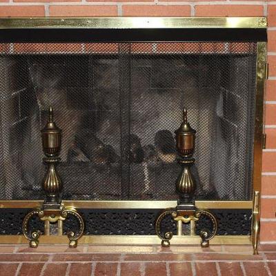 Brass  Fireplace Screen with andirons and 5 piece Tool Set.  Also shown: Antique Cast Iron Smelting/Smudge “fire starter” Pot with brass...