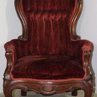 Pelham, Shell and Leckie Victorian  Style Carved Wood Frame Gentleman’s Chair with Burgundy rolled and tufted velvet upholstery