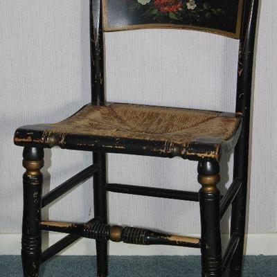 Antique Hitchcock Rush Seat Black Hand Painted Floral Motif Side Chairs (Set of 4)