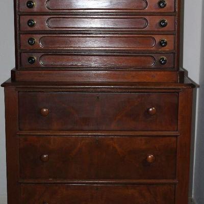 Antique 6 Drawer Spool Cabinet (29” W x 19” D x 21 1/2” H) attached to an Antique 3 Drawer lowboy Chest with bracket feet and scalloped...